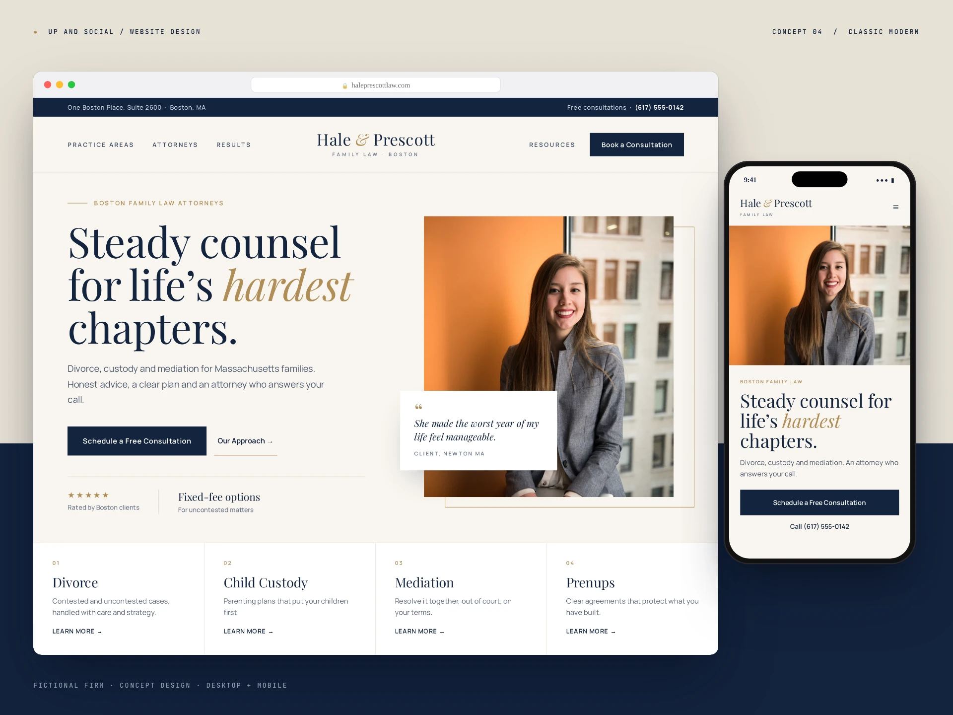 Classic Modern, Hale & Prescott, a fictional family law firm in Boston, MA. Desktop and mobile website concept by Up And Social.