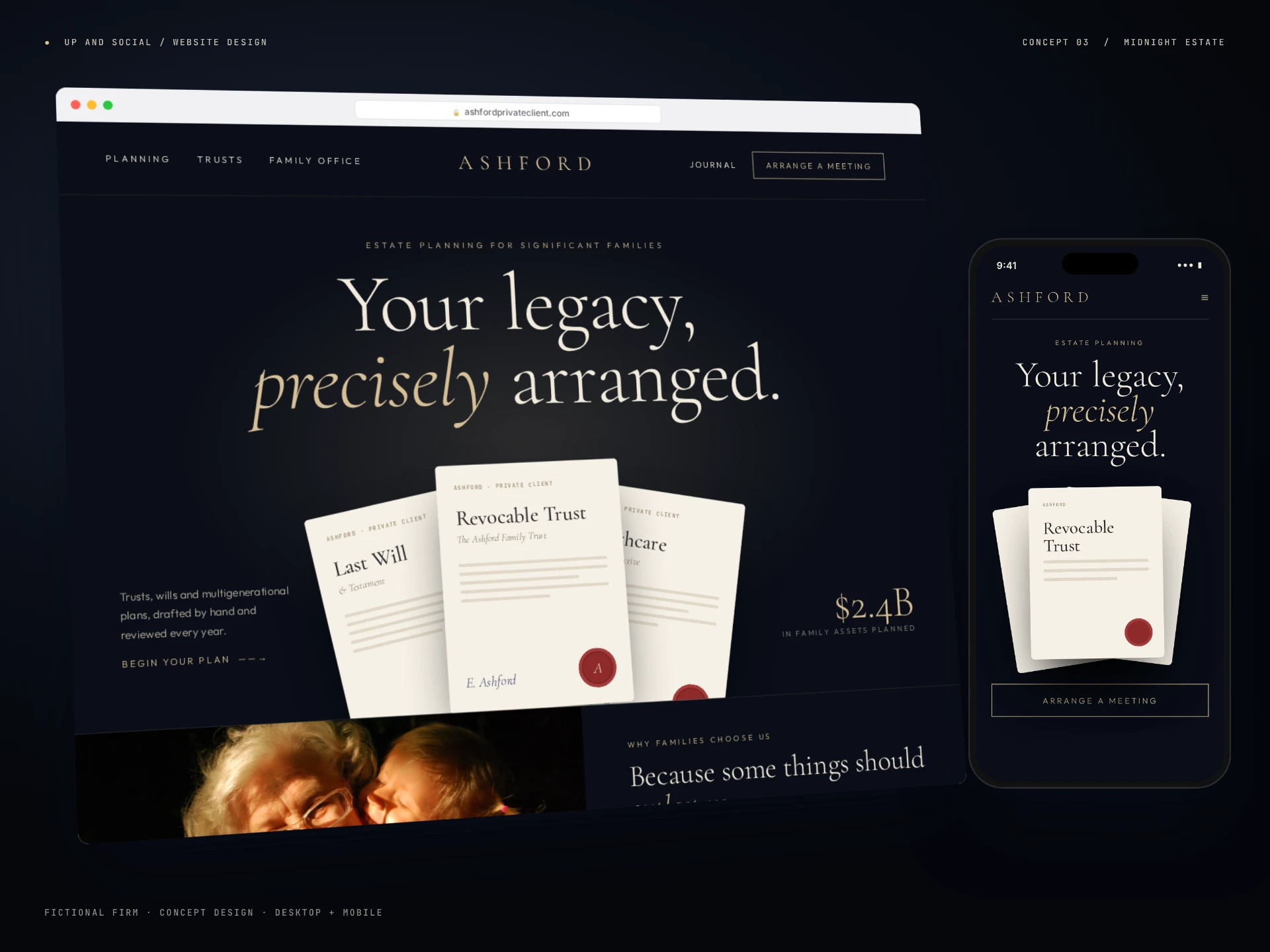 Midnight Estate, Ashford, a fictional estate planning firm serving high-net-worth families. Desktop and mobile website concept by Up And Social.