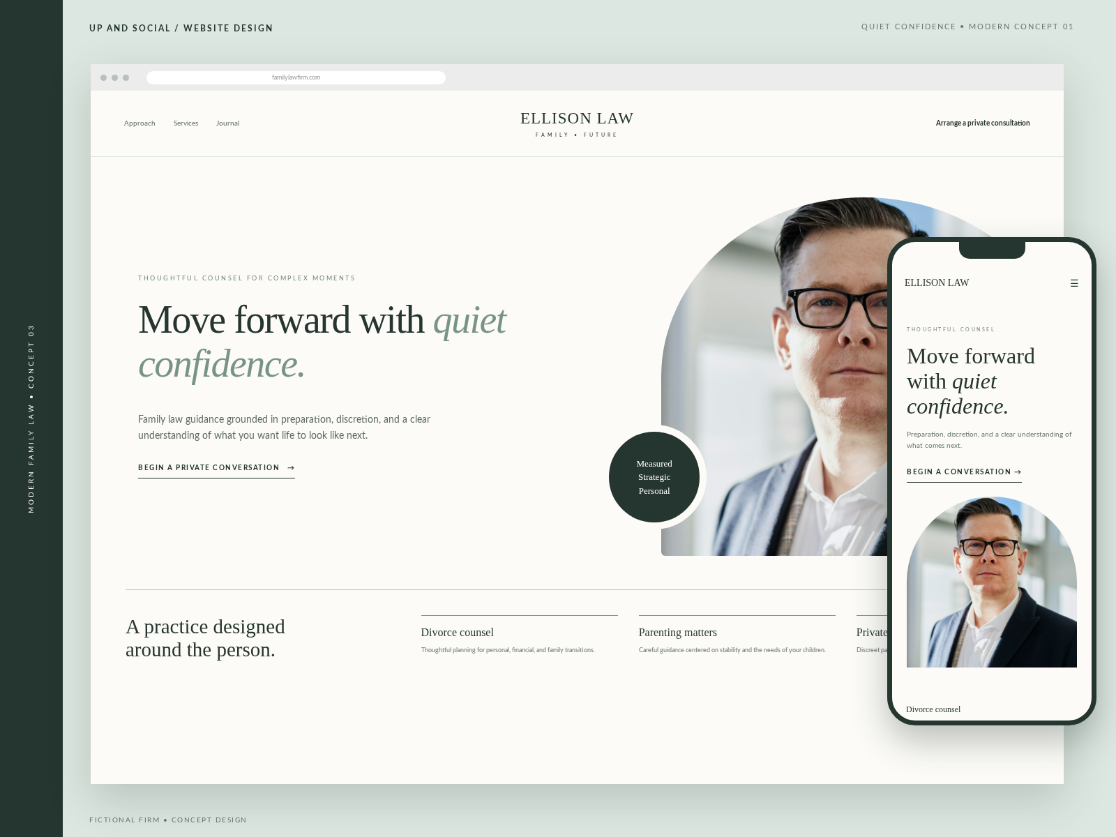 Quiet Confidence, fictional family law website concept designed by Up And Social