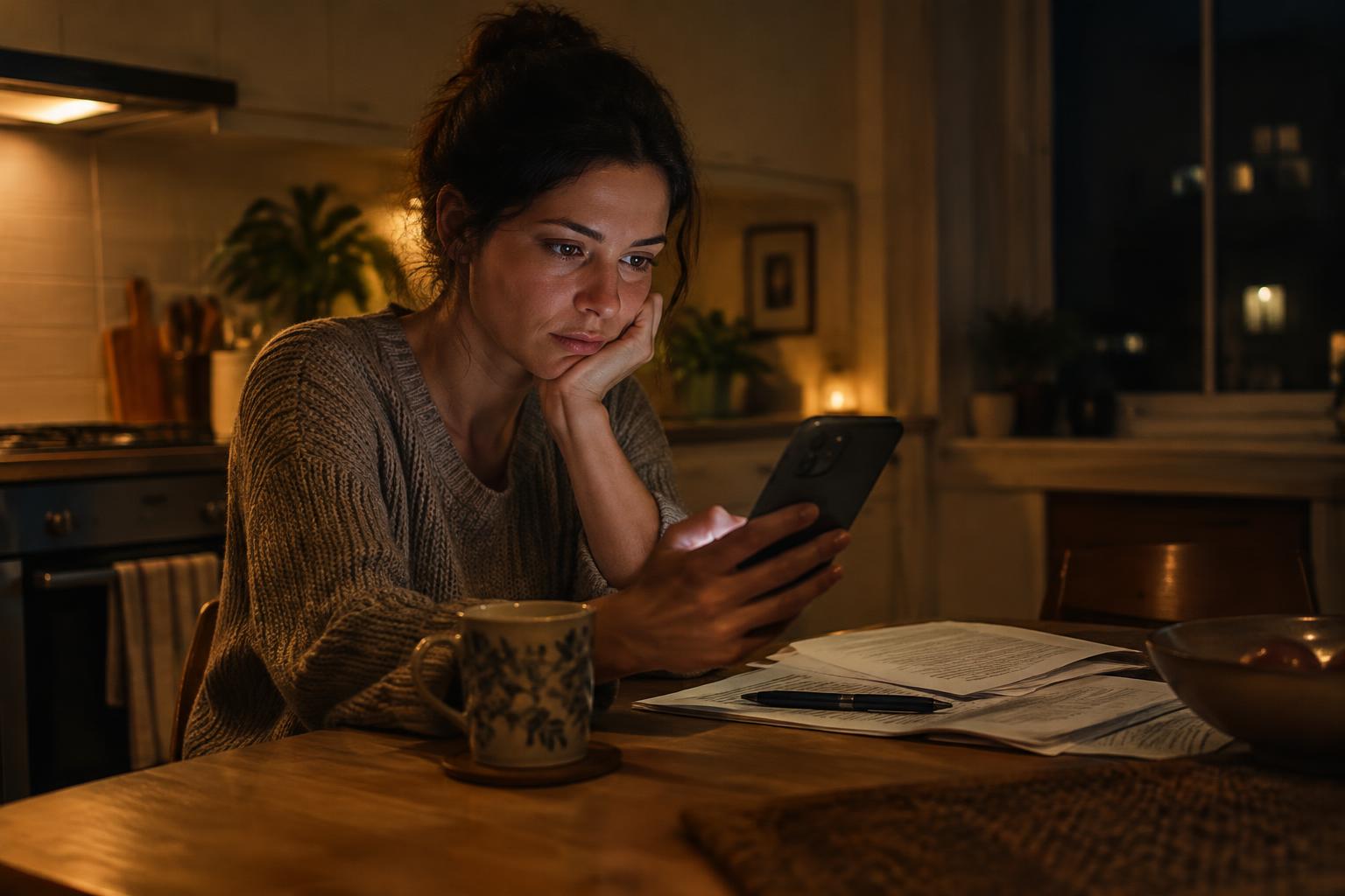 Woman sitting at a kitchen table at night looking at her phone, with a cup of tea and paperwork beside her