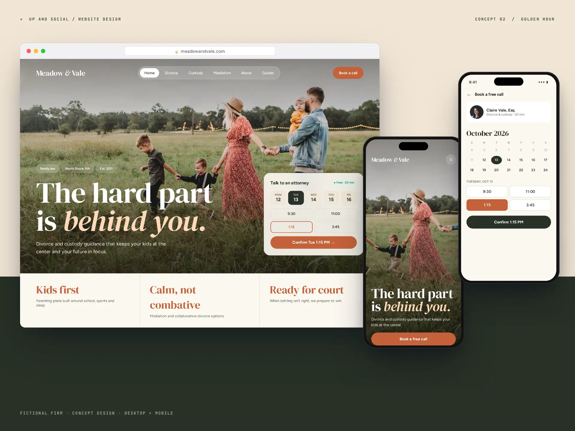 Golden Hour, Meadow & Vale, a fictional family law firm on the North Shore, MA. Desktop and mobile website concept by Up And Social.