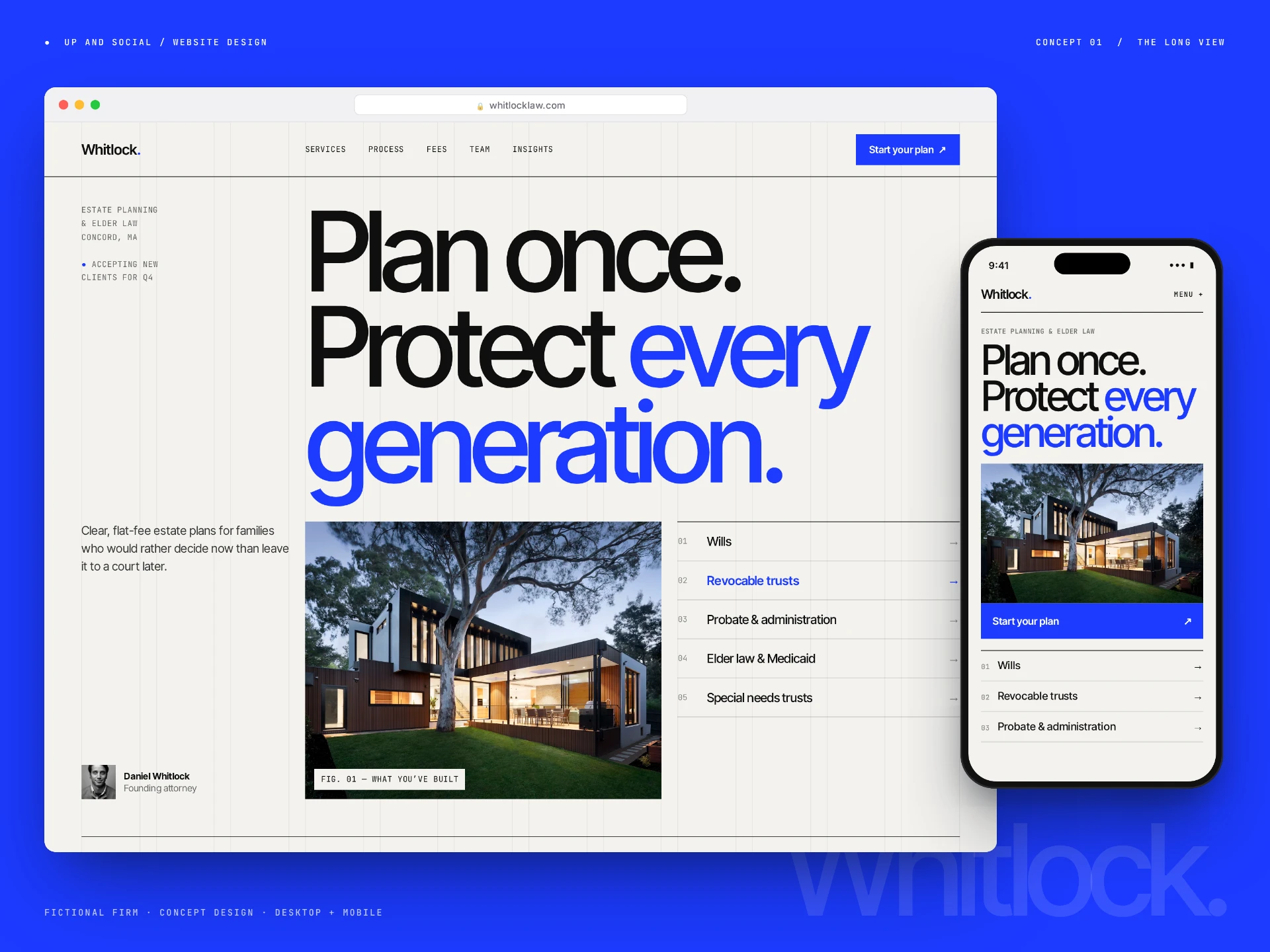 The Long View, Whitlock, a fictional estate planning and elder law firm in Concord, MA. Desktop and mobile website concept by Up And Social.