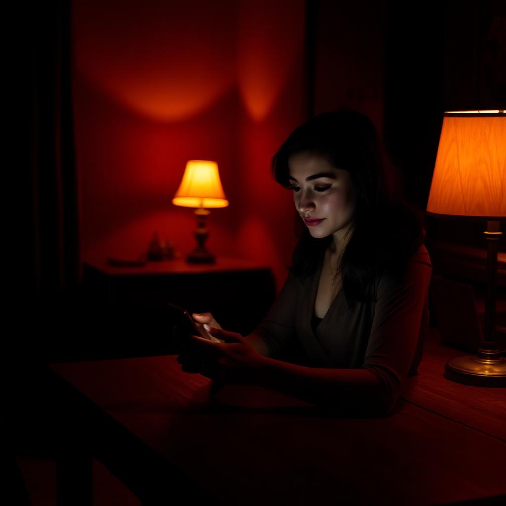 A woman at a desk late at night, softly lit by lamps